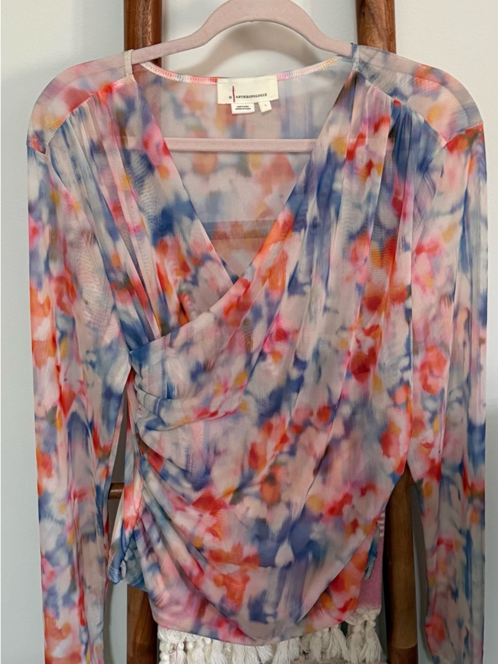 Anthropologie Sheer Floral Blouse in Blue, Coral & Pink